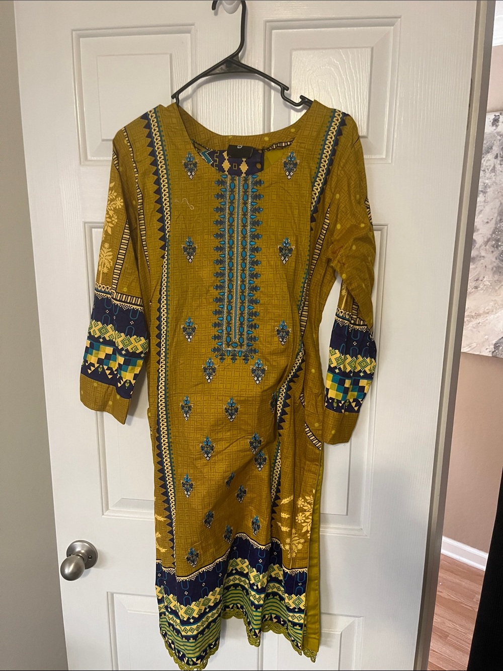 Mustard Long Sleeve Embroidered Maxi Dress with Blue Accents
